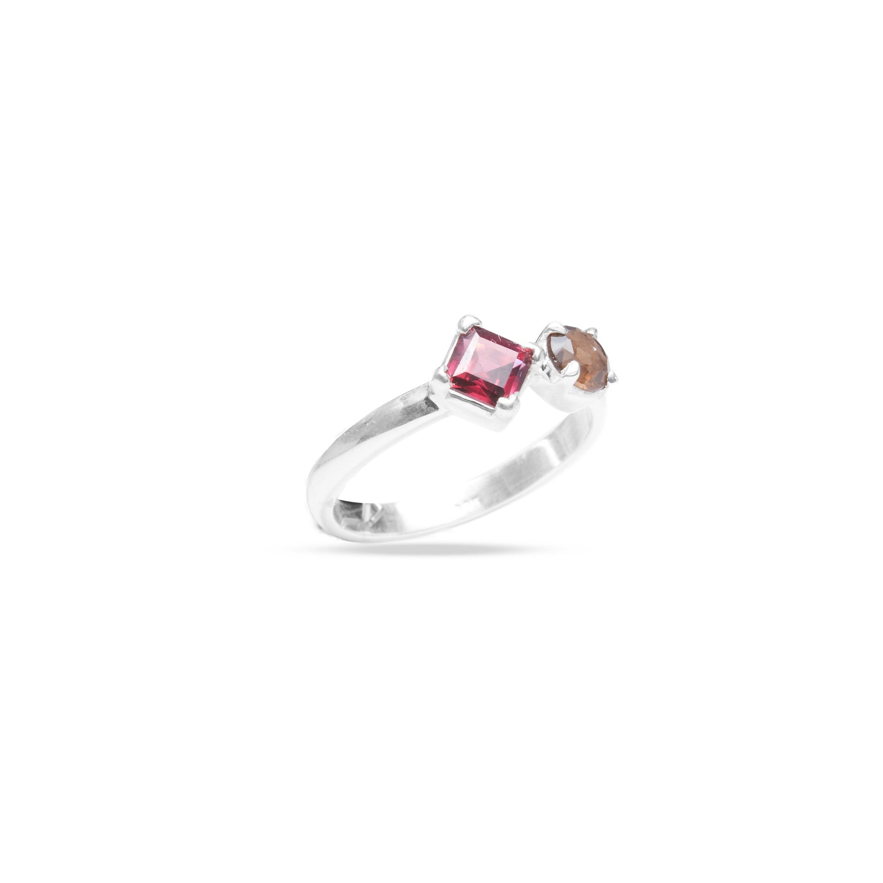 Garnet square and smokey quartz round faceted claw set ring side angle