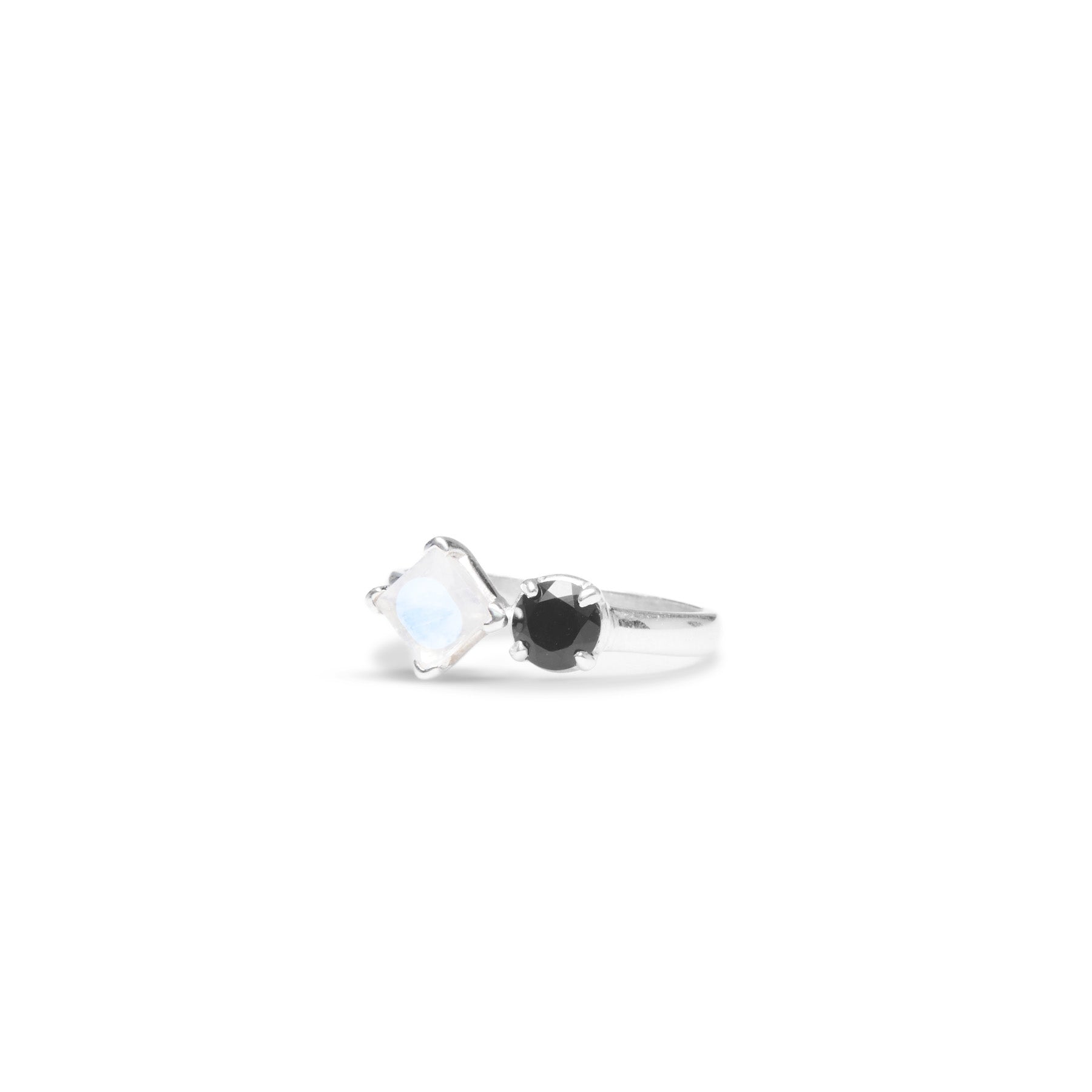 Rainbow Moonstone square and onyx round faceted claw set ring