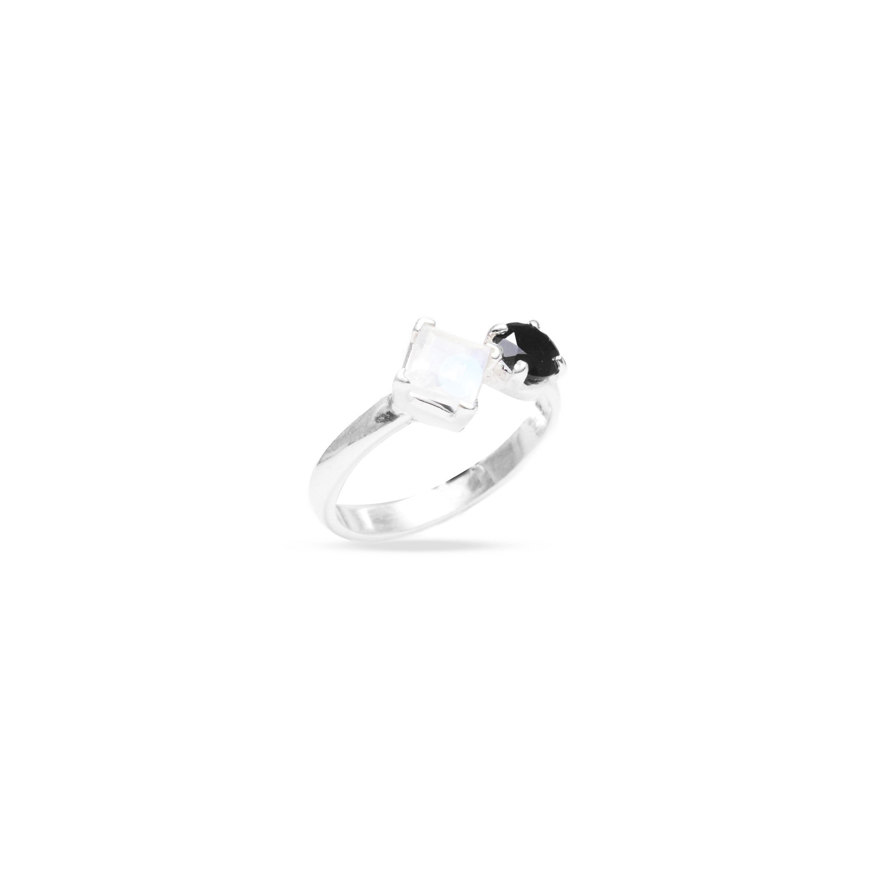 Rainbow Moonstone square and onyx round faceted claw set ring under side