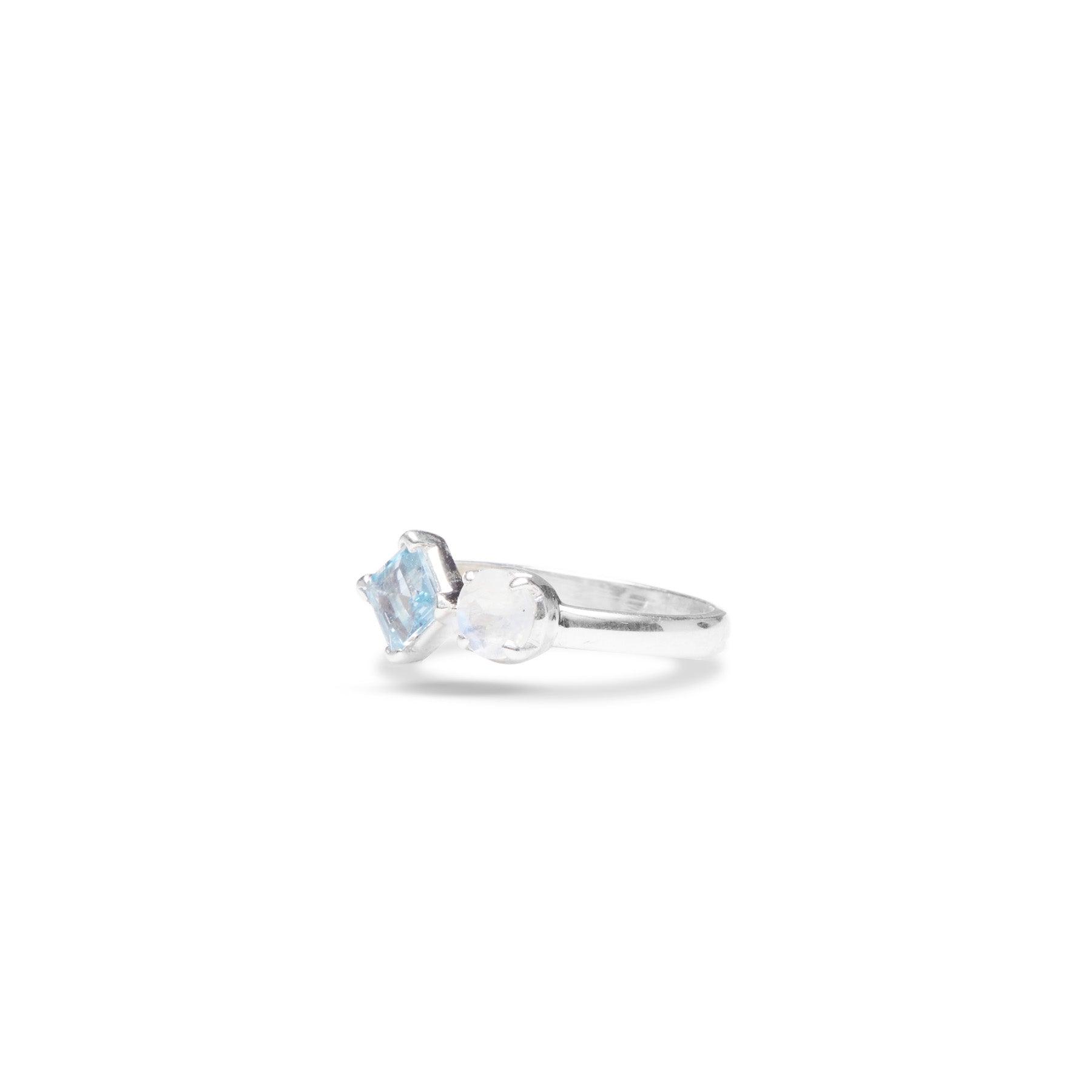 Blue topaz square and Rose Quartz round multi stone ring side angle