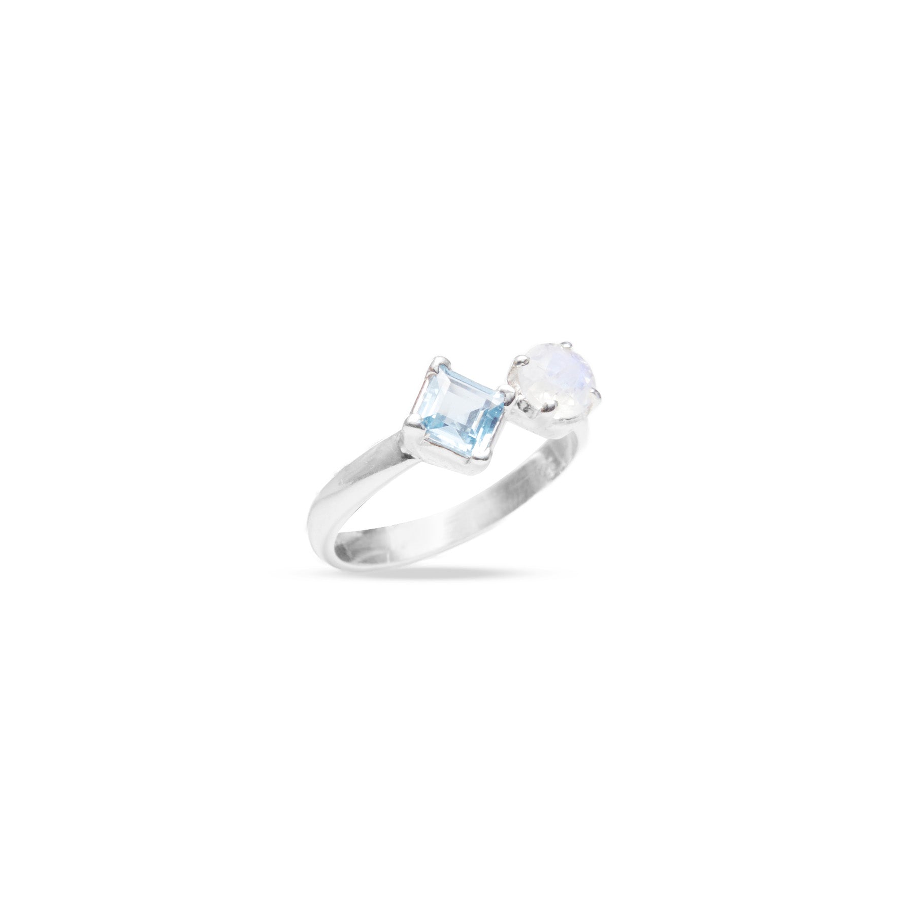 Blue topaz square and Rose Quartz round multi stone ring 