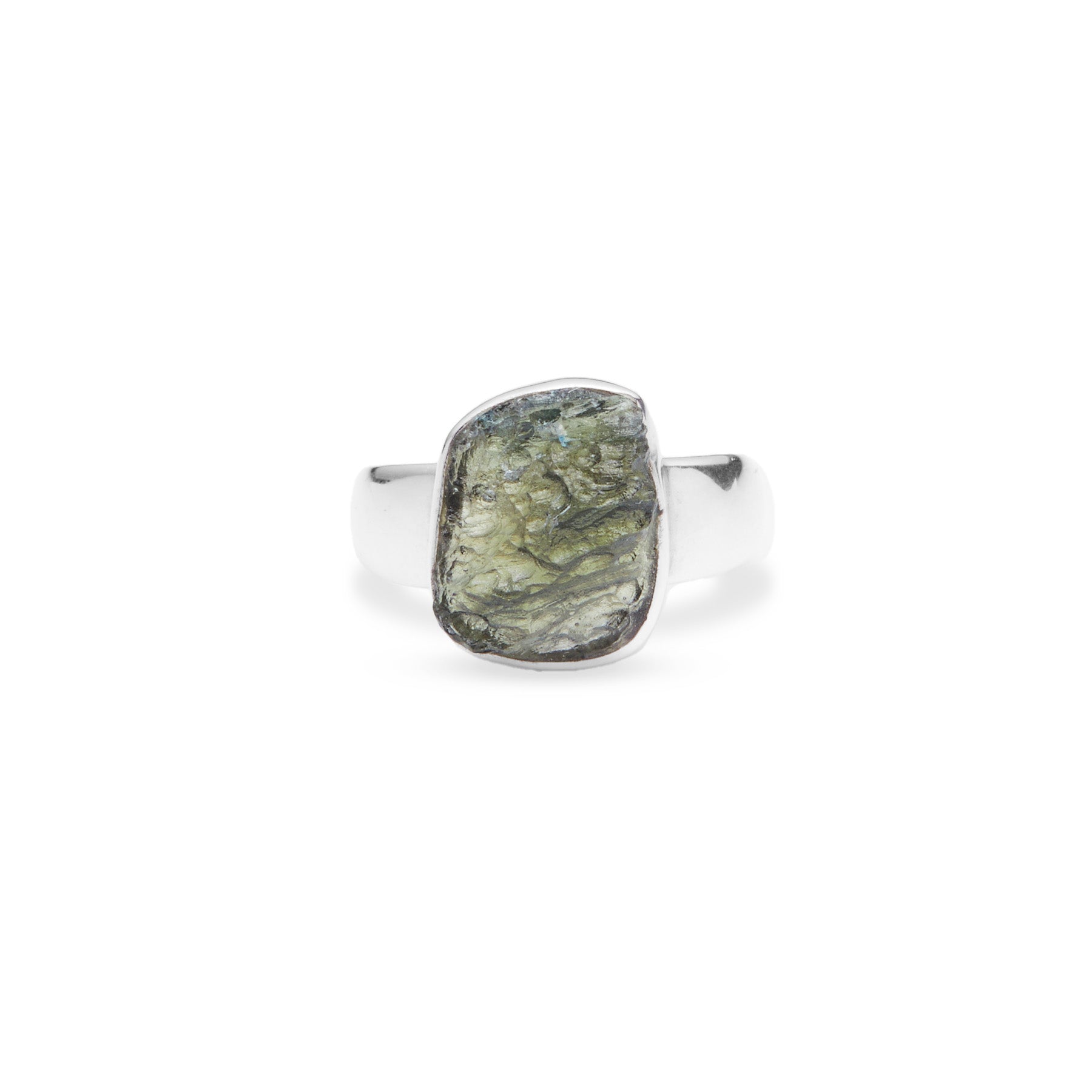 Moldavite rough freeform ring with thick sterling silver band 