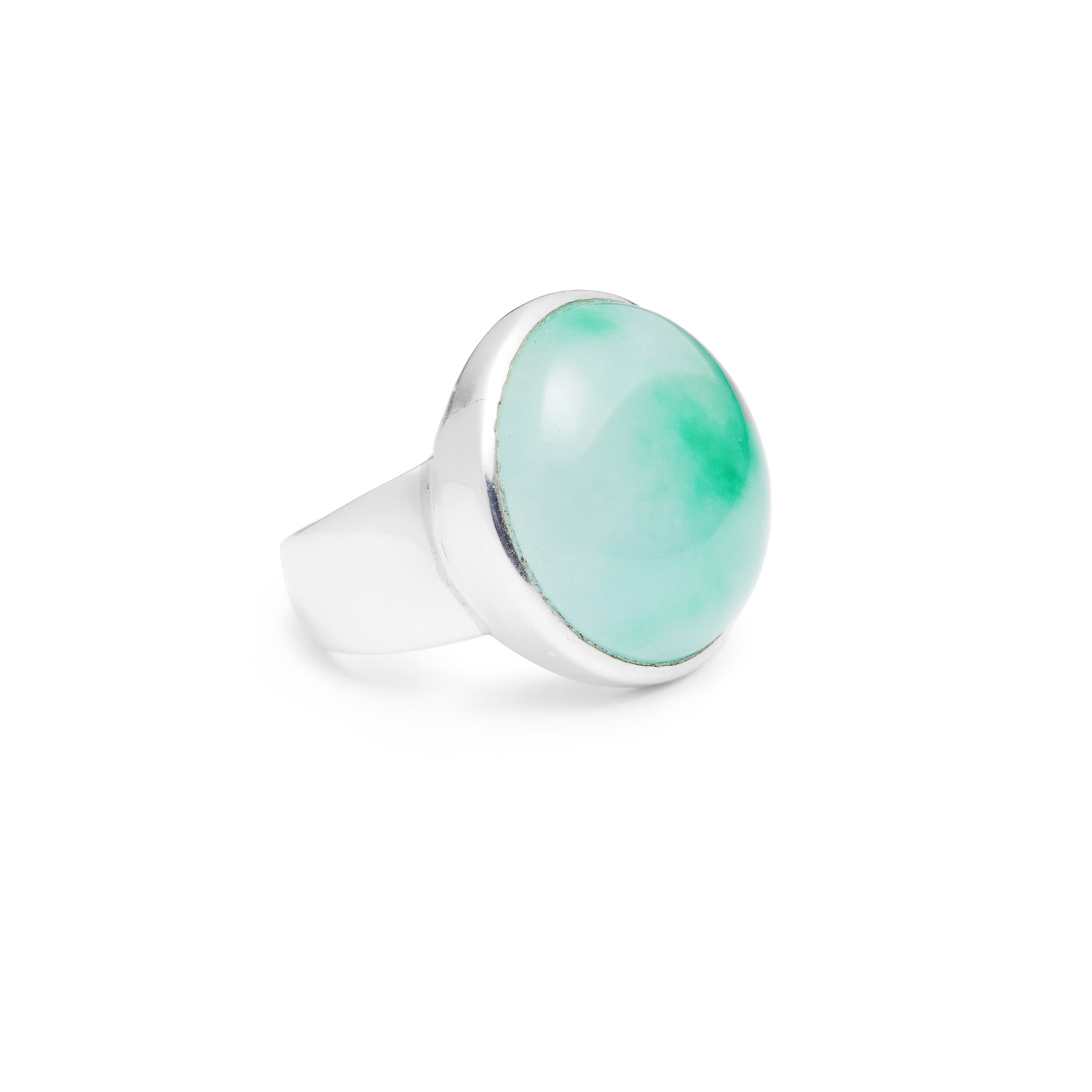 round jadeite cabochon ring with sterling silver filigree band