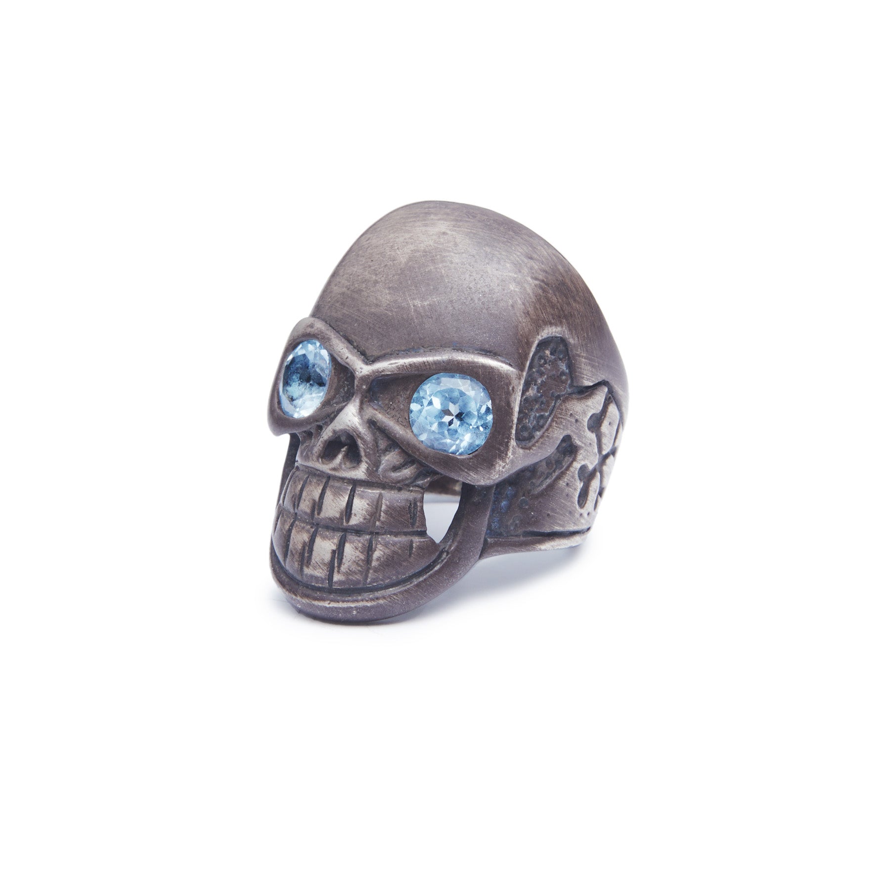 Oxidised Blue topaz skull ring 