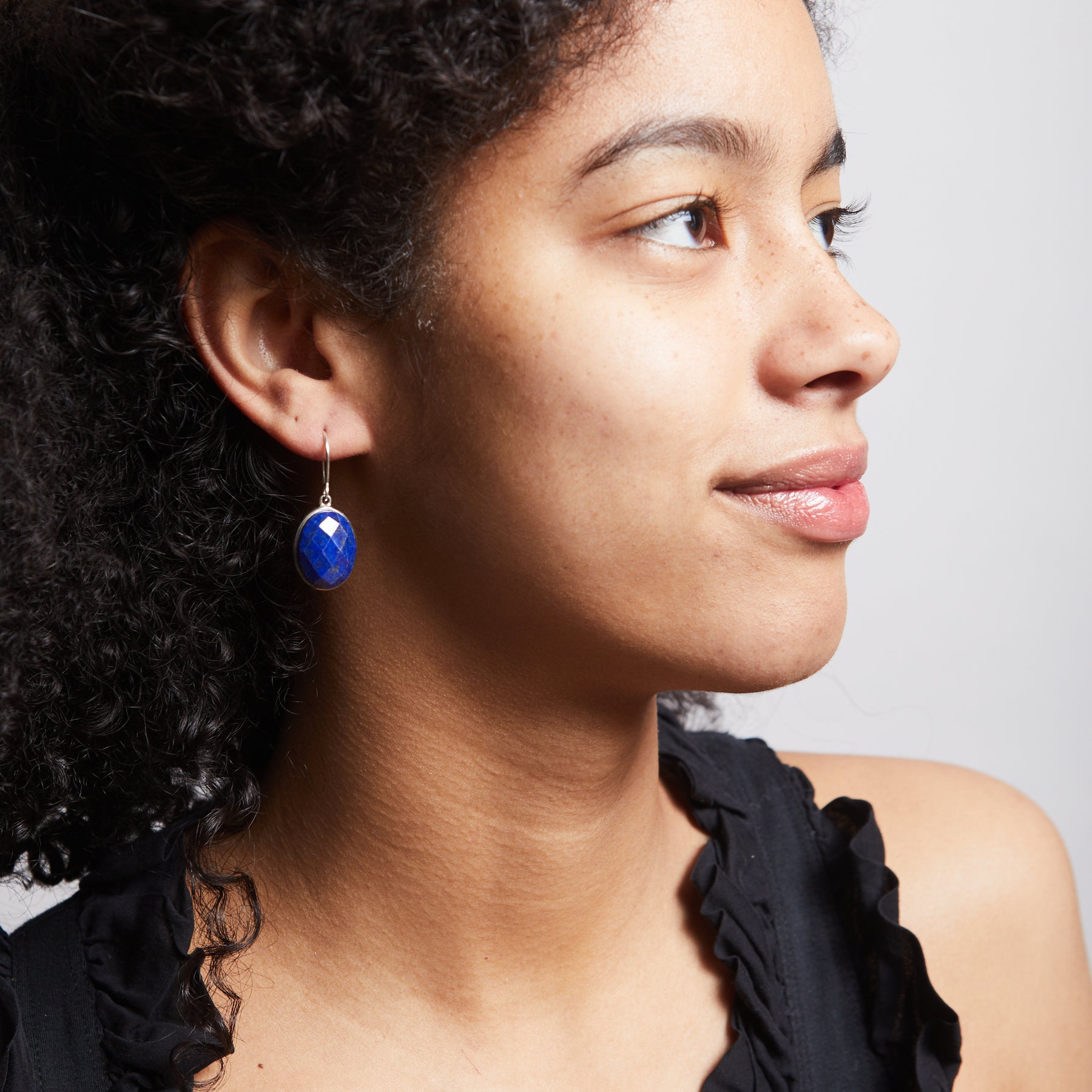 Lapis Lazuli checkerboard facet drop earrings on model