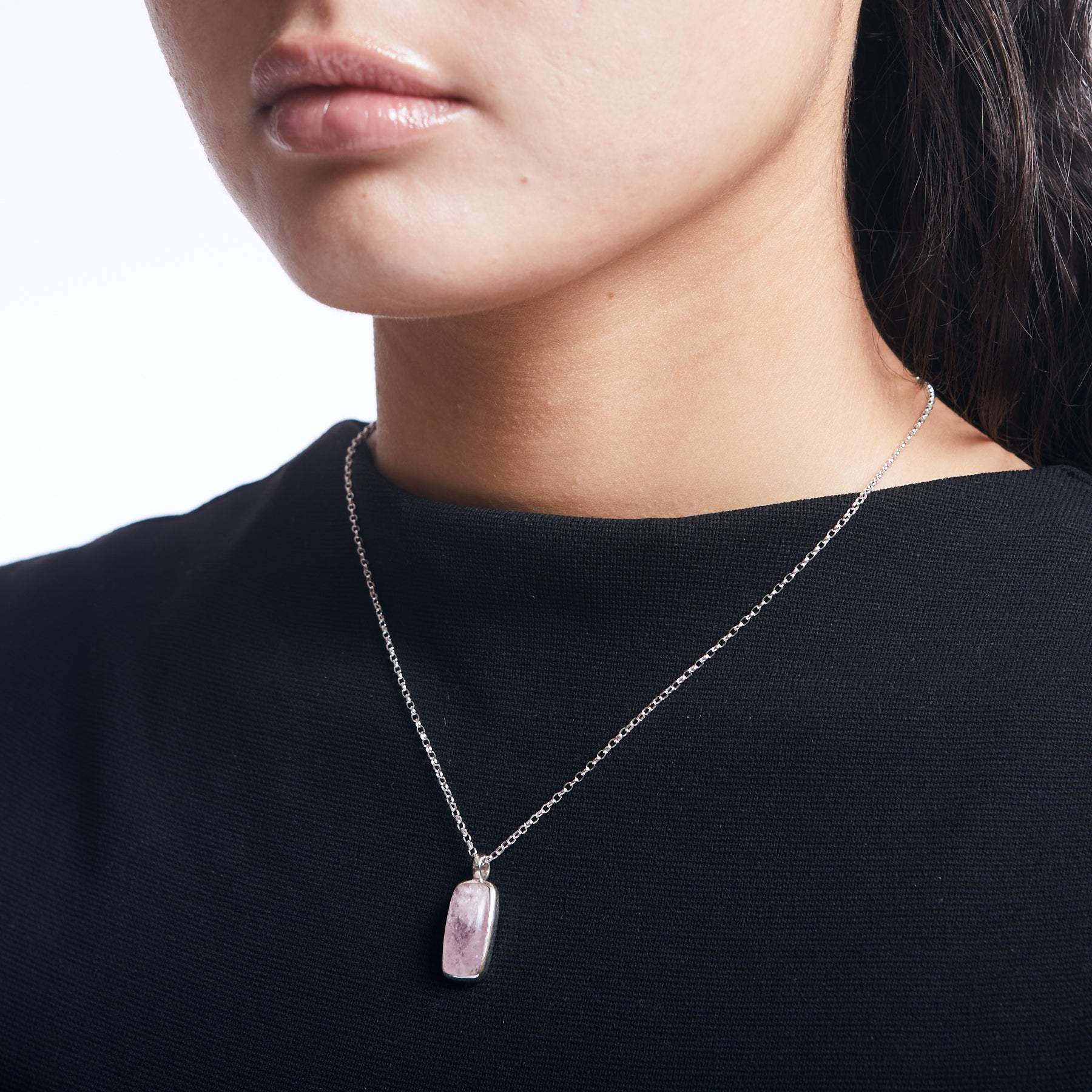 Morganite pendant with sterling silver chain on model