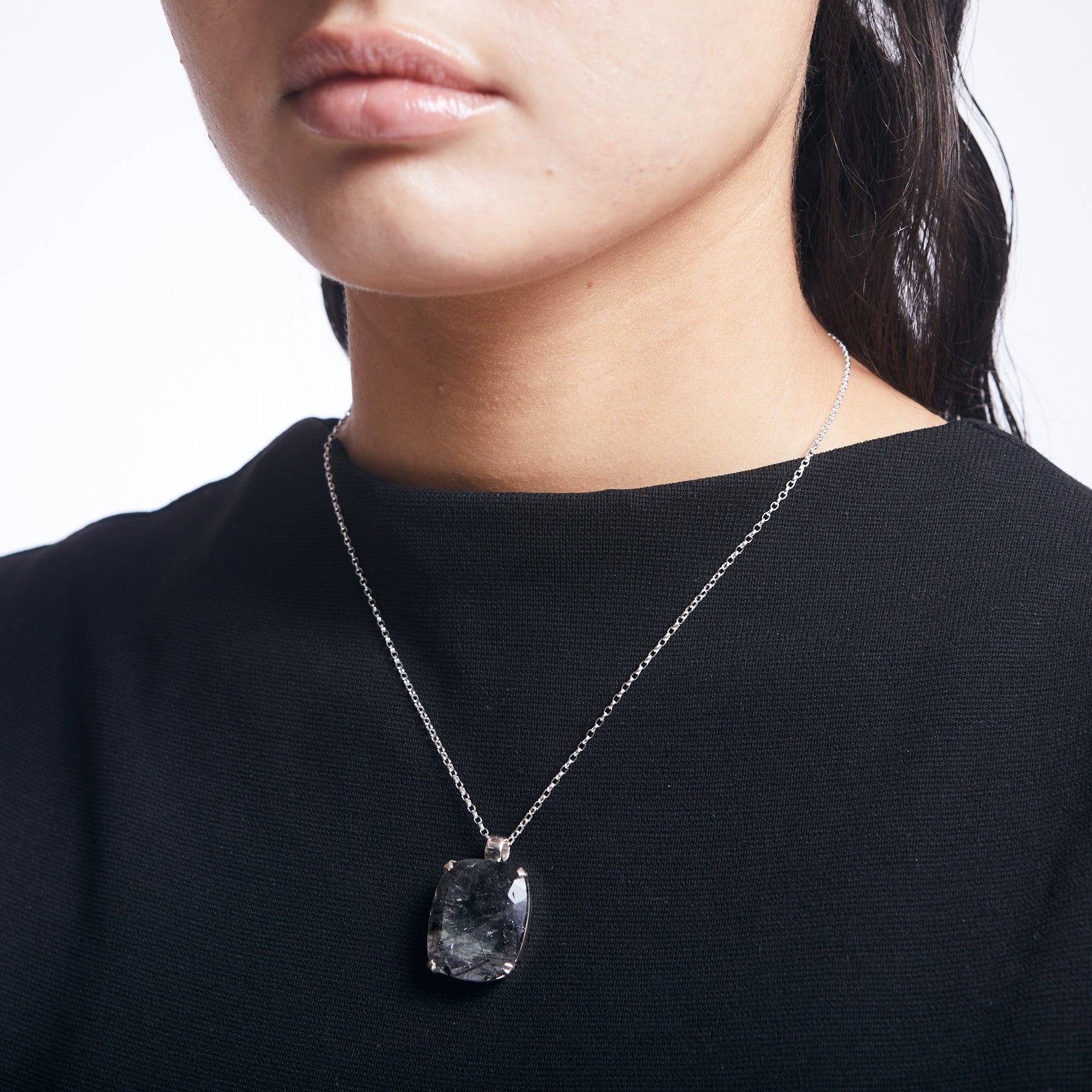 Tourmalinated Quartz on sterling silver chain on model