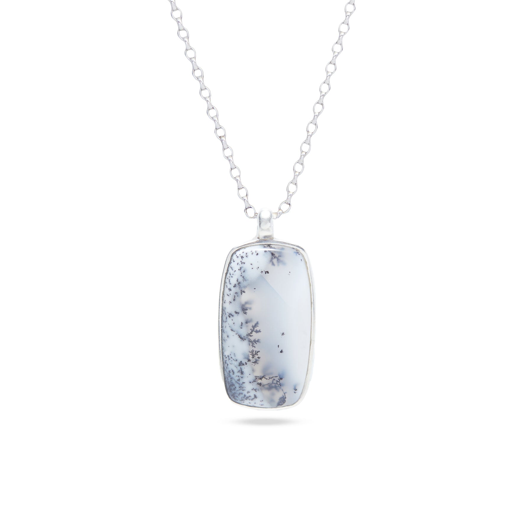 Dendritic Opal rectangular pendant with cushion bezzle