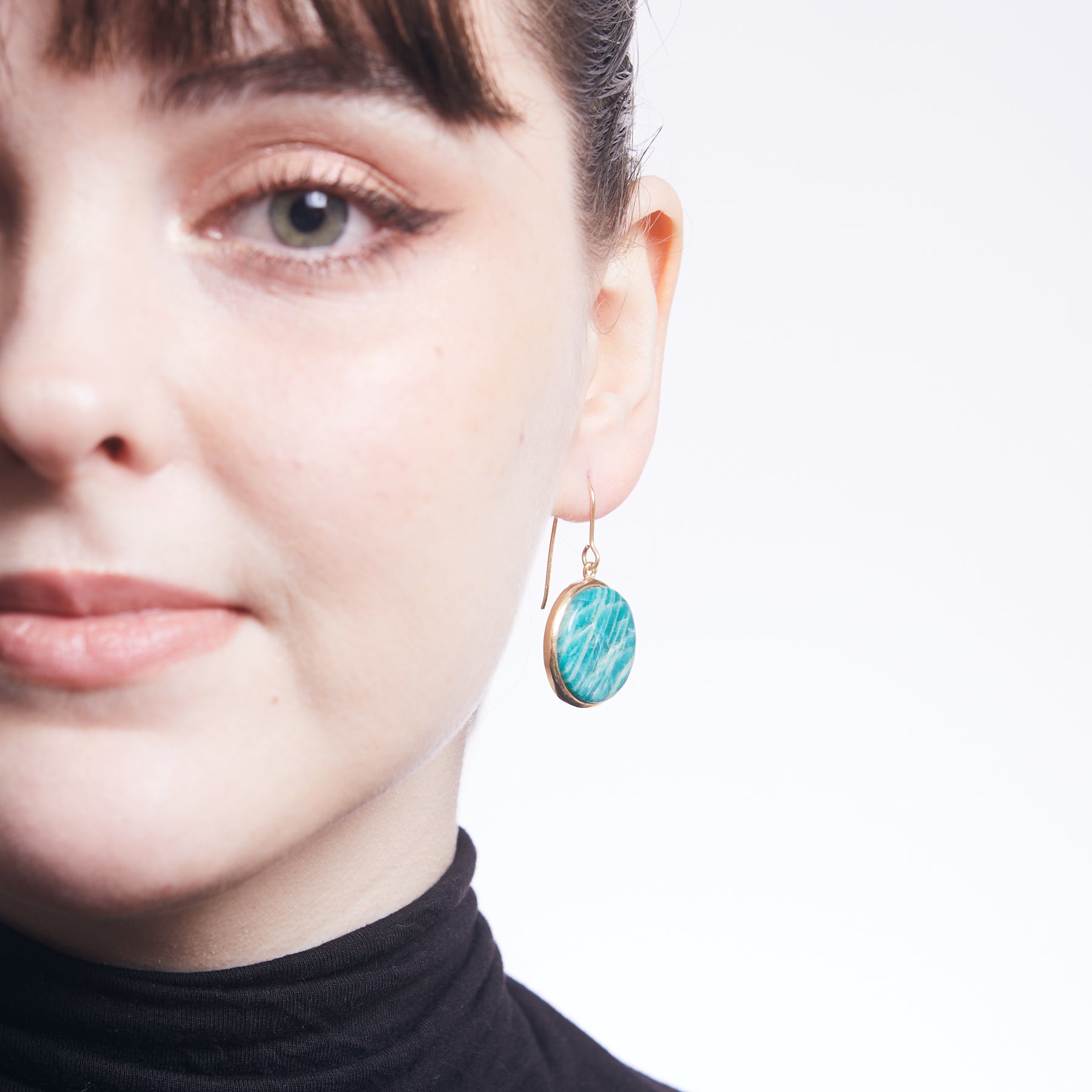 Amazonite round cabochon bezel drop earrings in vermeil on model