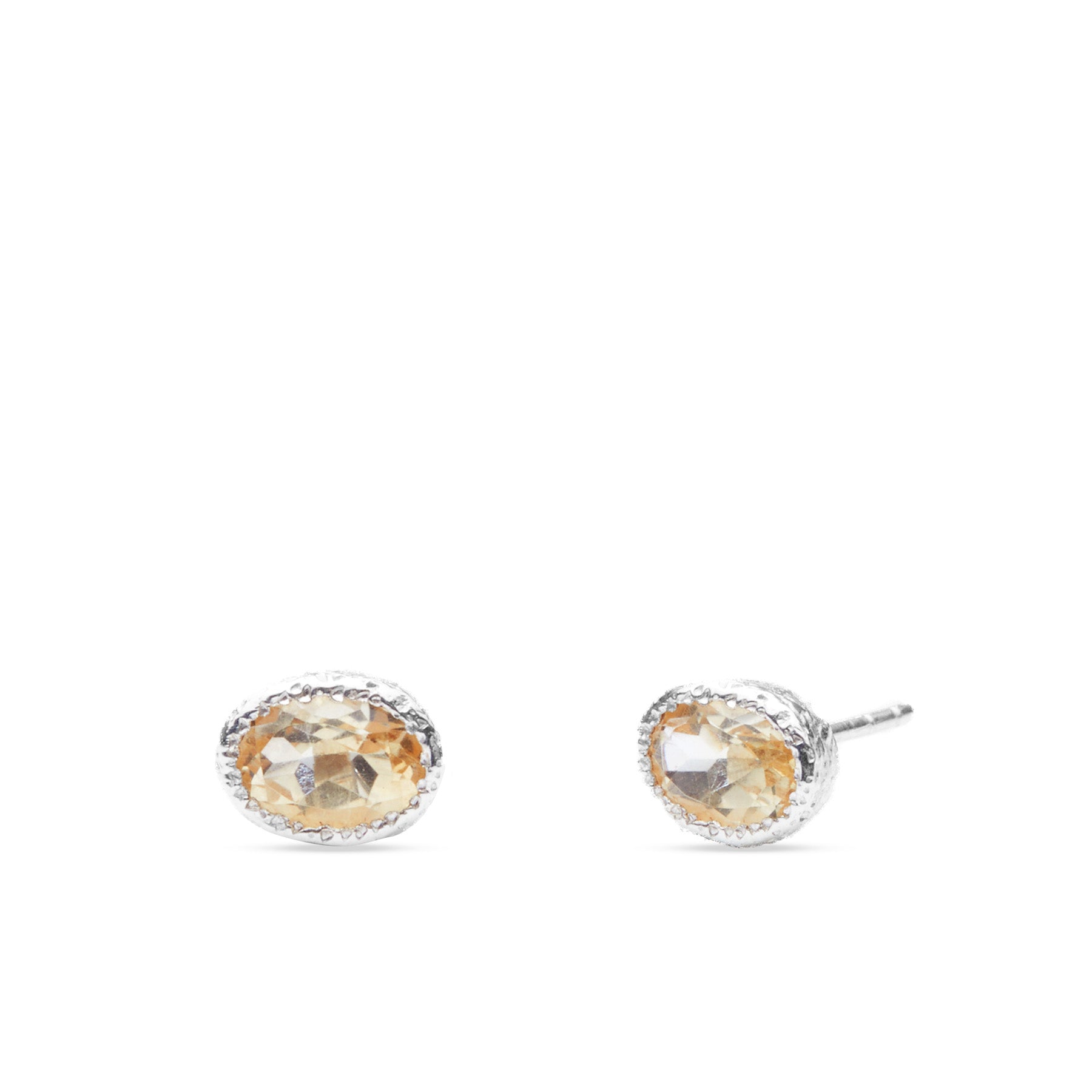 Citrine faceted oval stud earrings with hammered bezel 