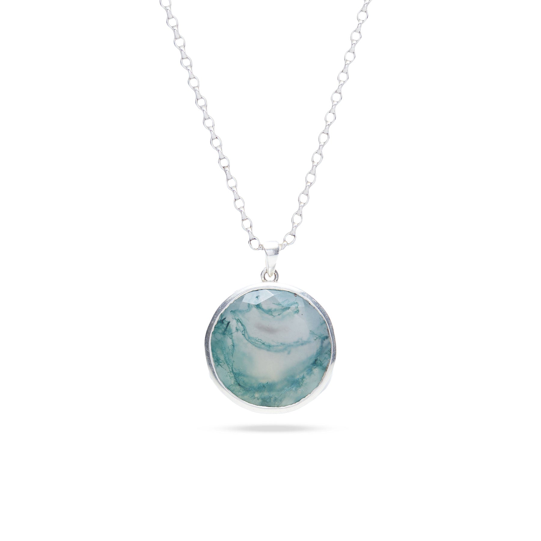 Moss Agate faceted pendant with sterling silver bezel setting 