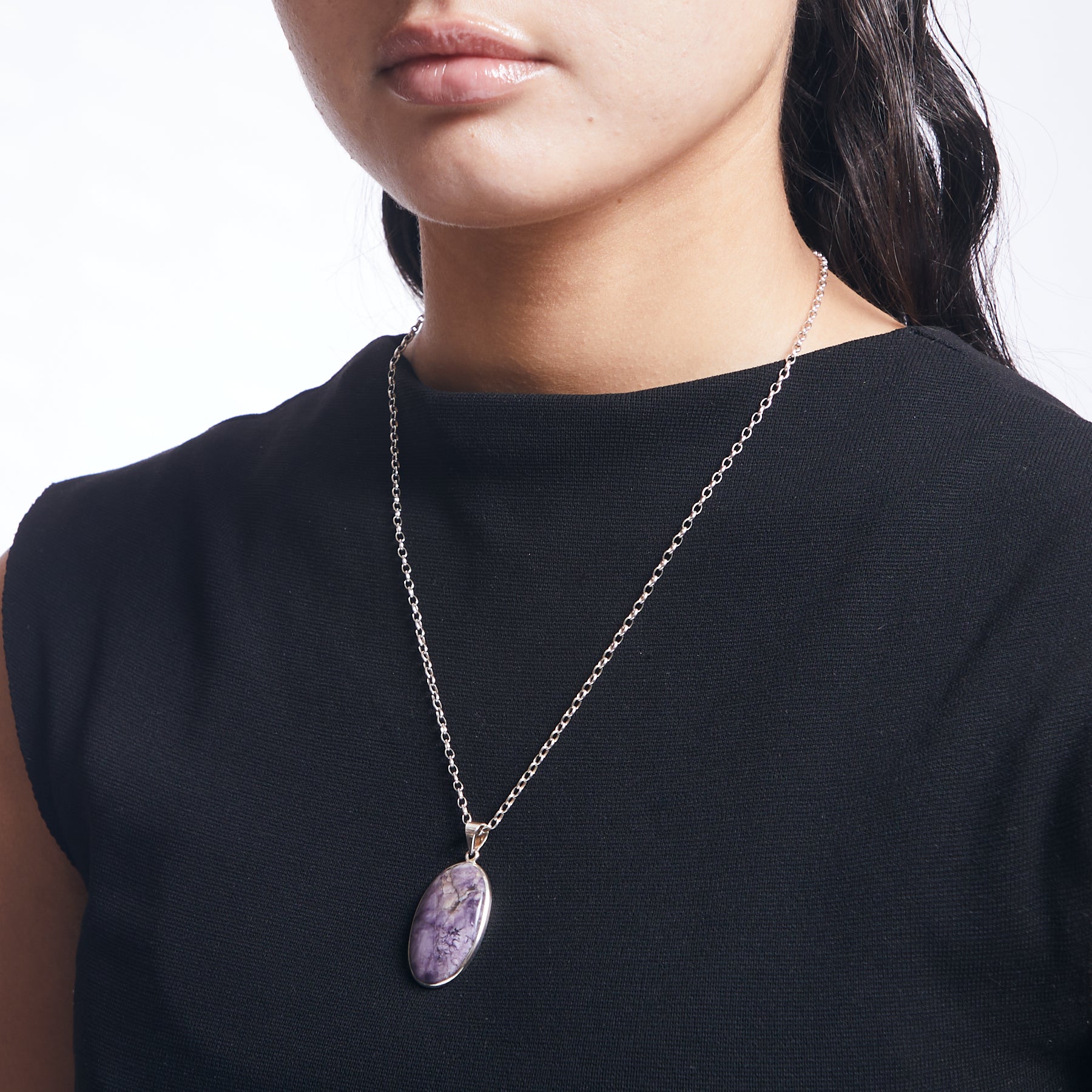 Tiffany Stone oval pendant with sterling silver chain on model