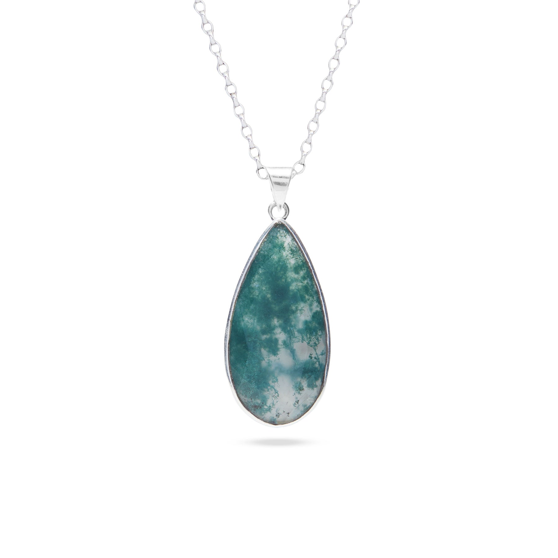 Moss Agate teardrop pendant with filigree bezel setting 