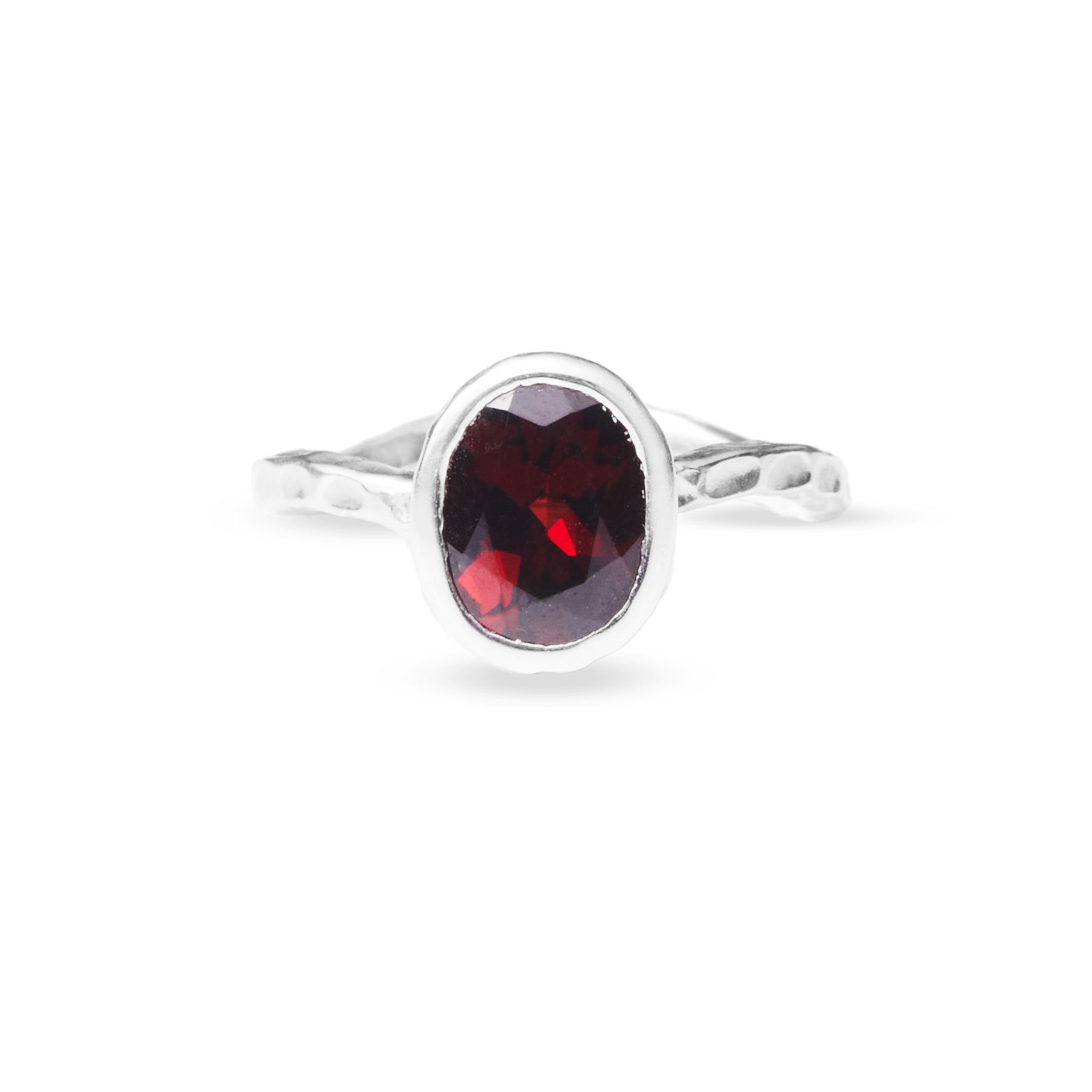 Garnet Oval faceted ring with bezel setting textured wave band 