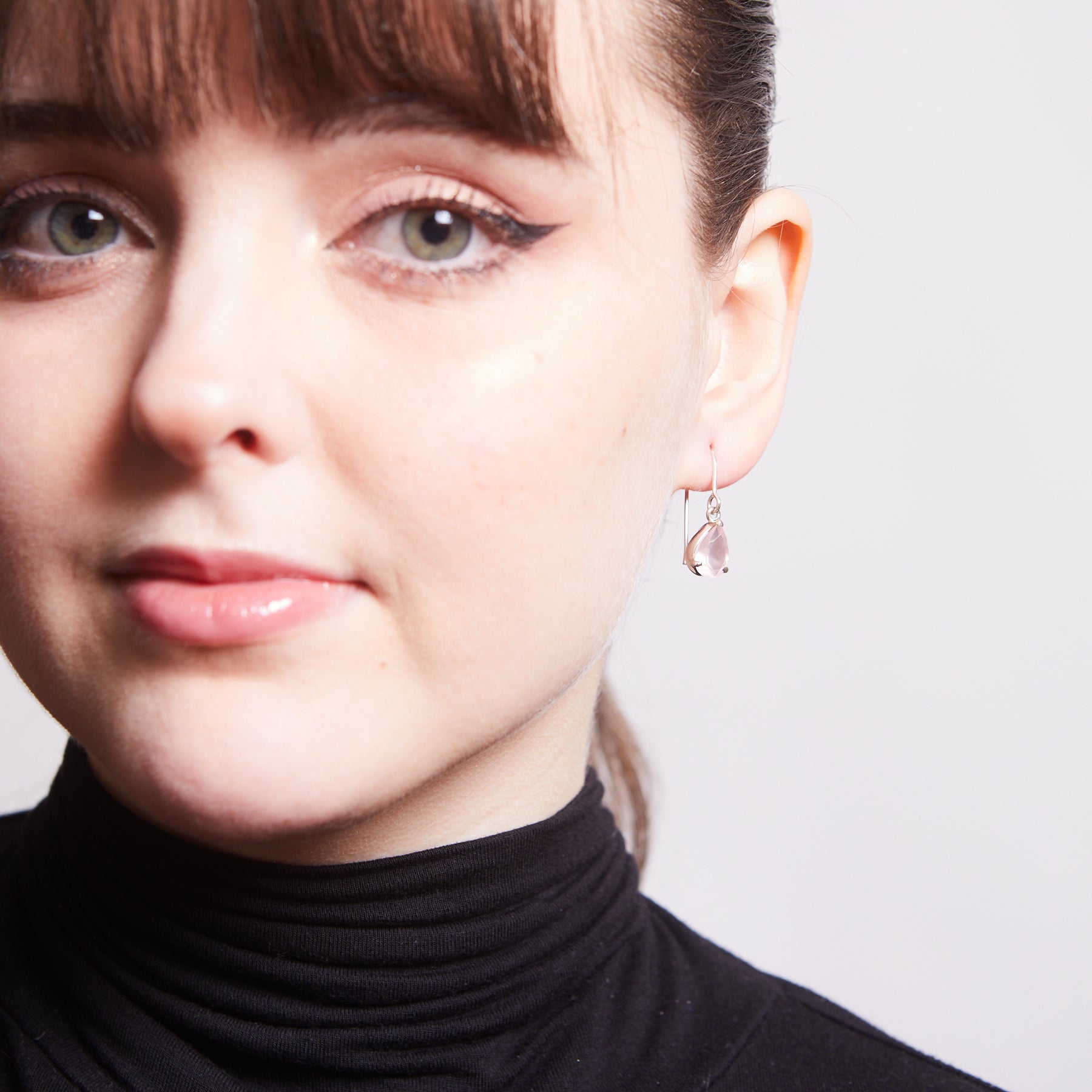 Rose Quartz Drop Earrings on model