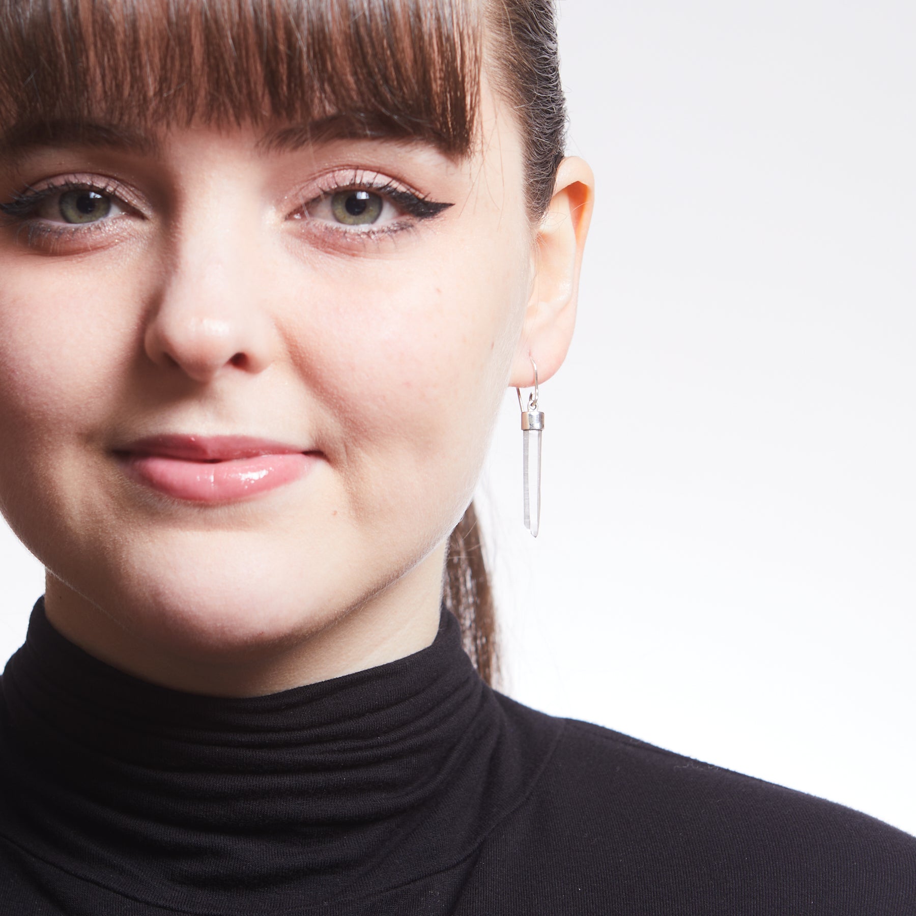 Clear Quartz Drop Earrings on model