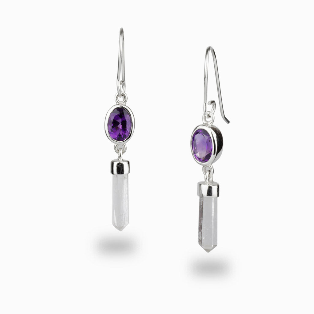 oval faceted bezel amethyst hooks with clear quartz hanging from them