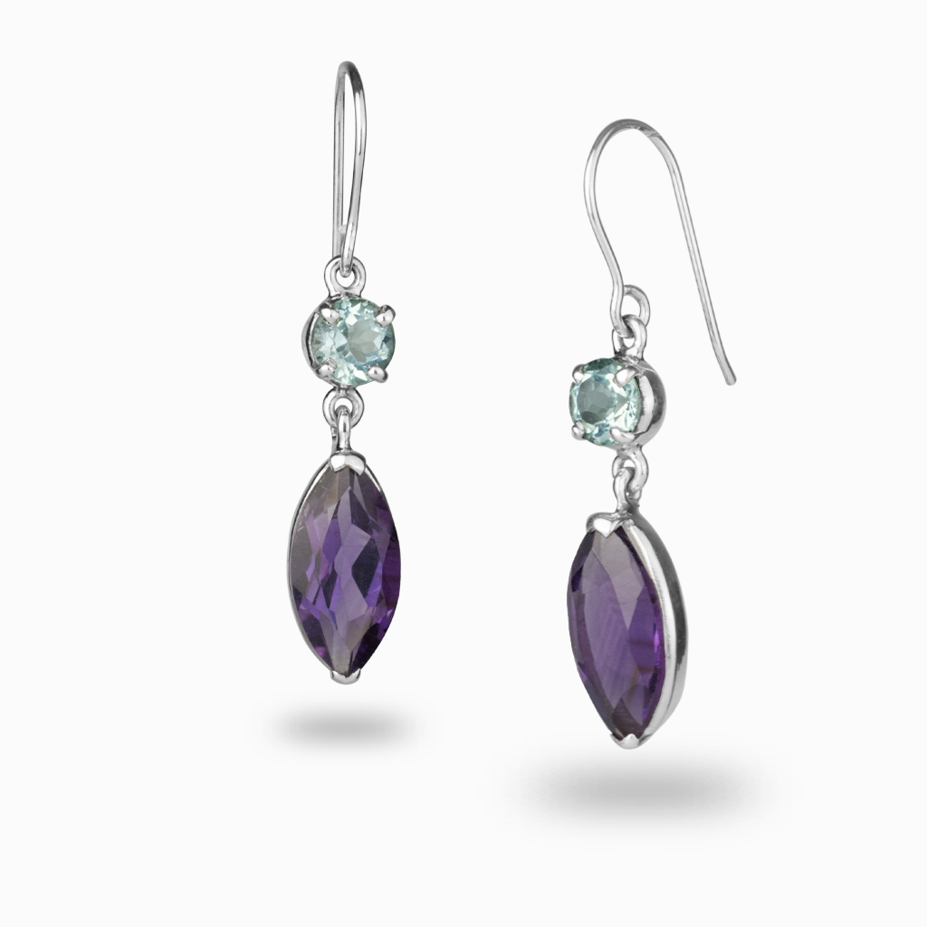 marquise Amethyst & round claw set Blue Topaz Drop Earrings