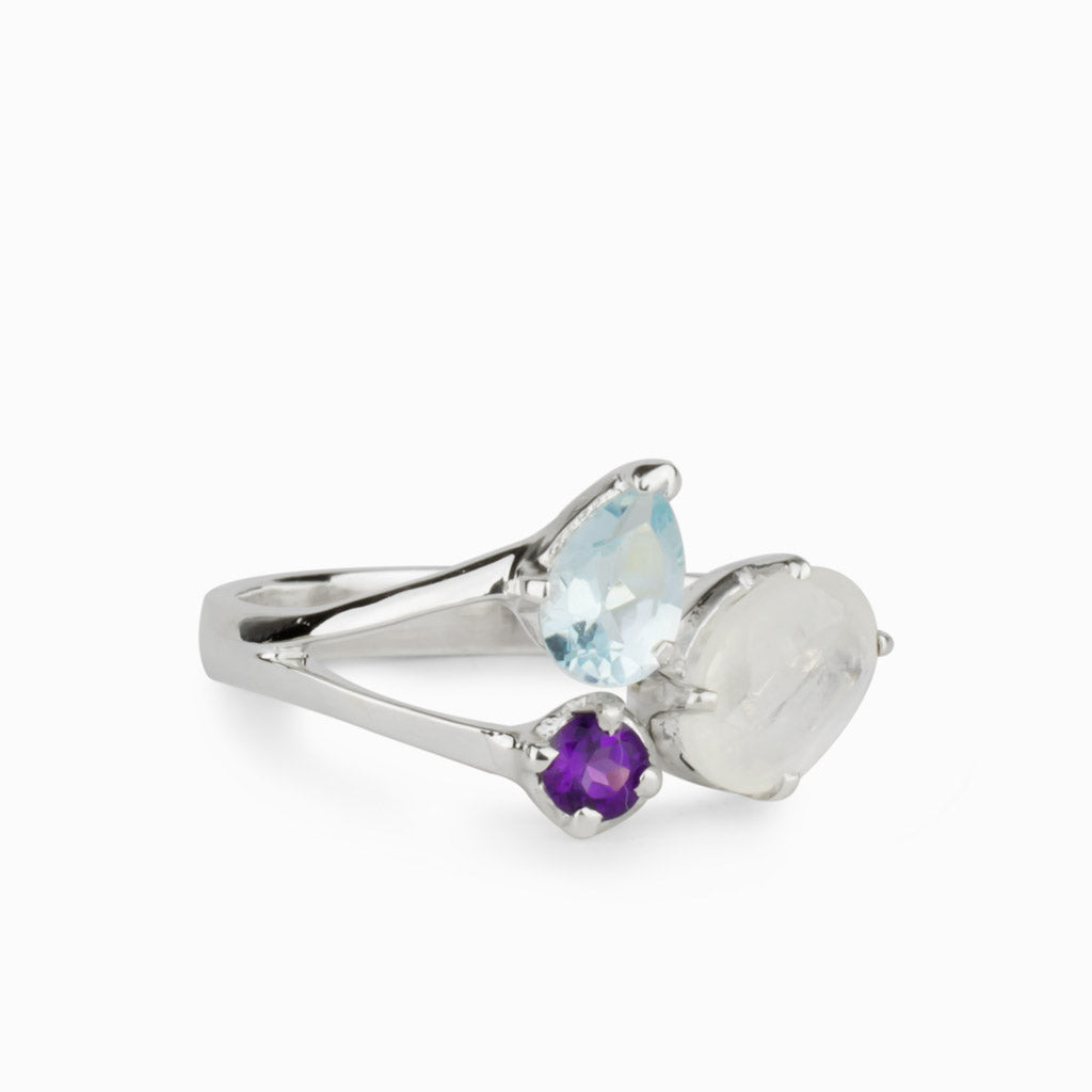 Rainbow Moonstone, Blue Topaz & Amethyst Ring | Made In Earth AU