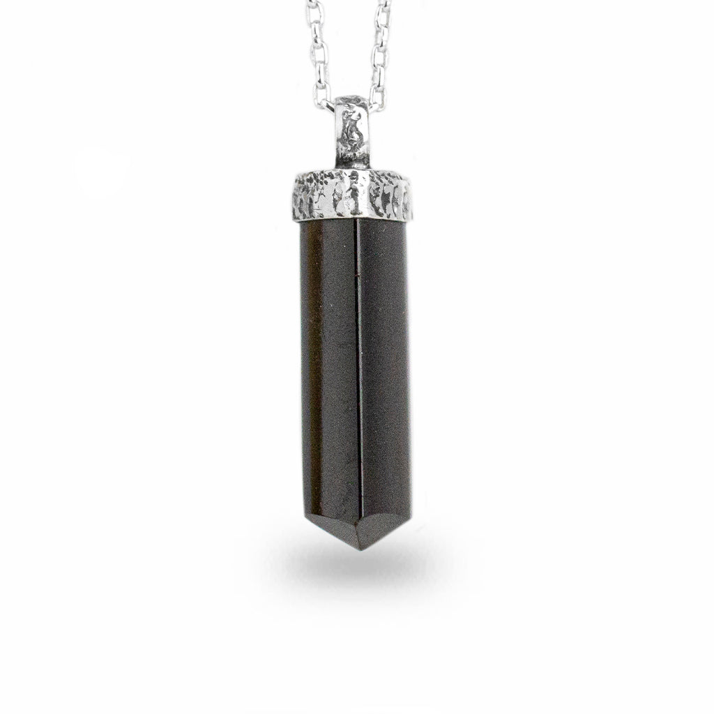 Black Tourmaline pencil setting, hammered cap pendant