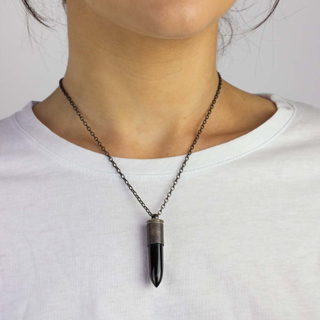 Black Obsidian Bullet Necklace on model